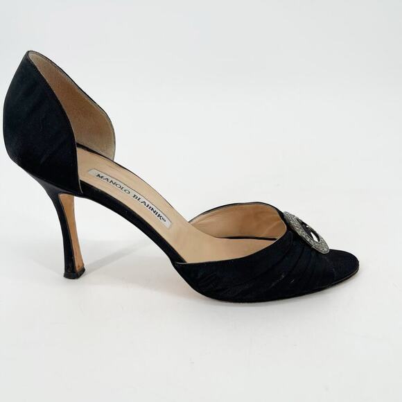 Manolo Blahnik y2k Black Satin Sedaraby Crystal D’Orsay Peep Toe Heels IT 39 - Picture 2 of 11